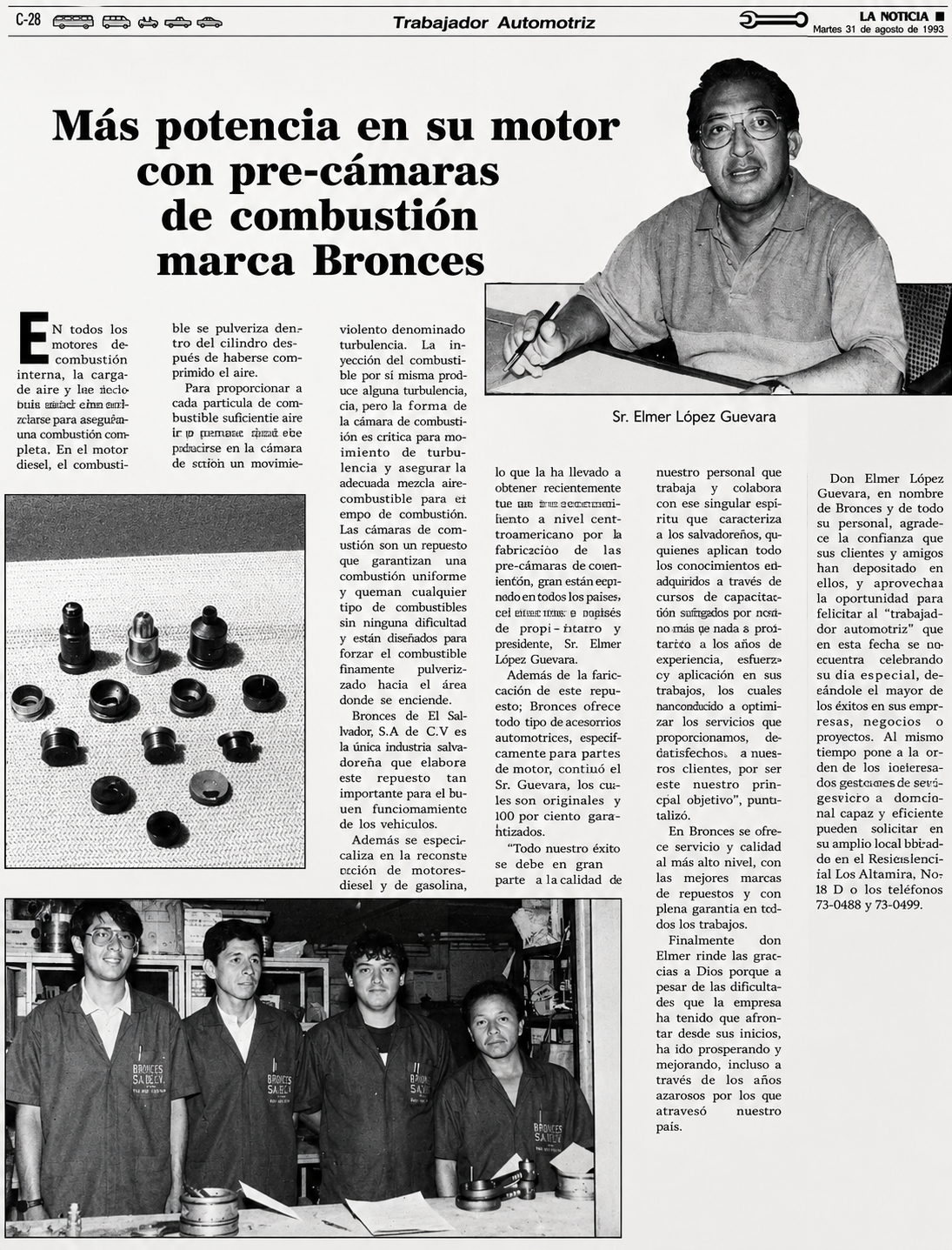 Recorte: 'Más potencia en su motor con pre-cámaras de combustión marca Bronces' — La Noticia, 31 ago 1993